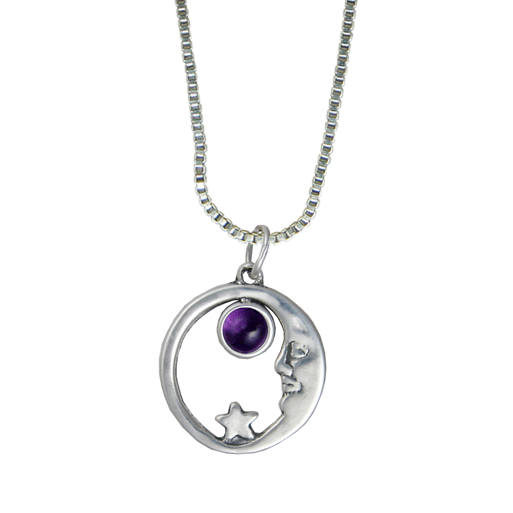 Sterling Silver Lucky Old Moon Pendant With Amethyst